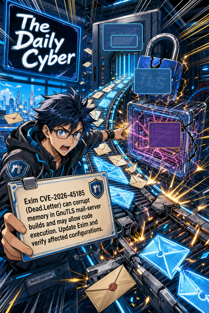 Exim CVE-2026-45185, aka Dead.Letter, can corrupt memory in GnuTLS-based mail server builds and may allow code execution. Admins should update Exim and verify whether their configurations use the affected GnuTLS path.